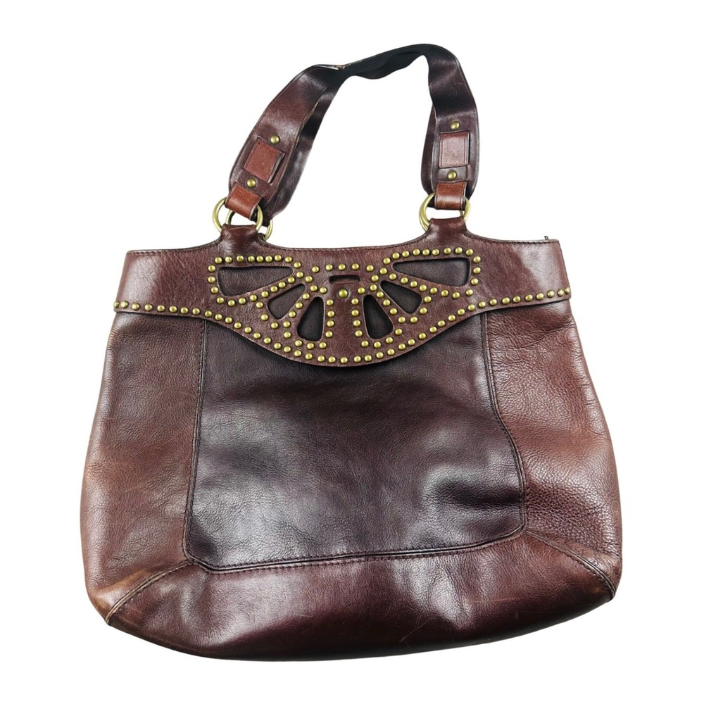 Michael Michael Kors Tote Bag Women Brown Leather Studded Perforated Travel Boho